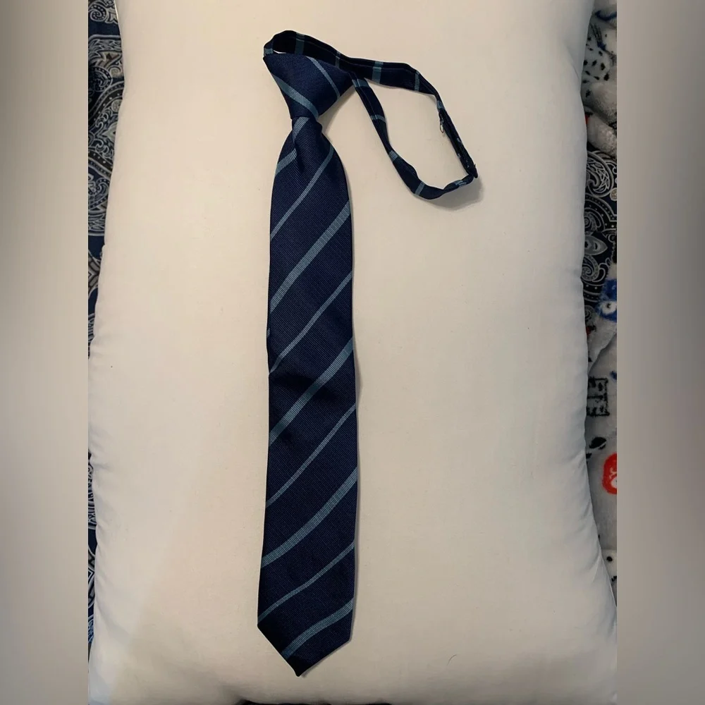 Navy Blue Striped Boys Velcro Tie